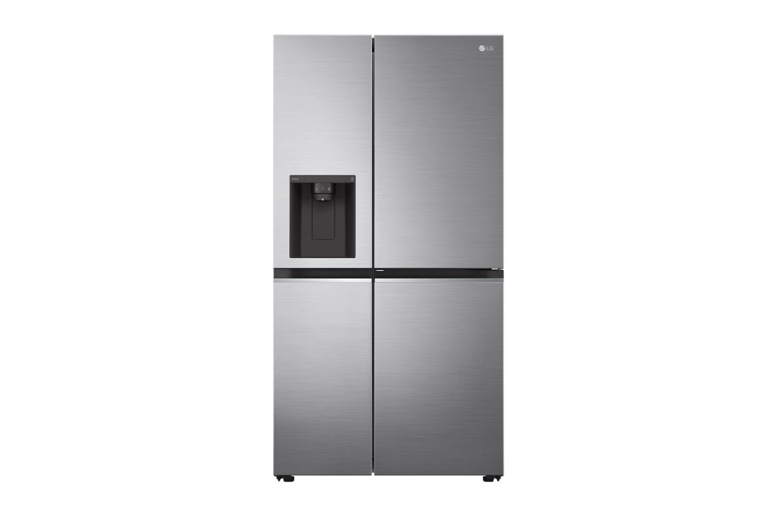 LG Side-by-Side avec Door-in-Door® | Distributeurs de glace, glace pilée et eau | Capacité de 635 litres | Classe d'efficacité énergétique E | Réservoir d'eau interne 4L | Platine Argent | GSJV71PZLE, Ansicht mit Frontbeleuchtung und Lebensmitteln, GSJV71PZLE