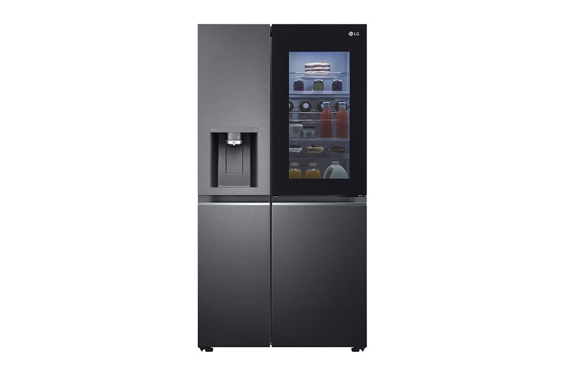 LG Side-by-Side avec InstaView Door-in-Door® | Distributeur de glace, de glace pilée et d'eau | Capacité de 635 litres | Classe d'efficacité énergétique E | Raccordement fixe à l'eau | Matte Black Steel | GSXV90MCDE, vue de face de la lumière sur les aliments, GSXV90MCDE