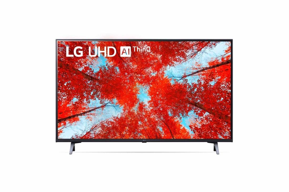 LG 43“ LG UHD TV , Vue avant du téléviseur UHD de LG avec image de remplissage et logo du produit, 43UQ90009LA