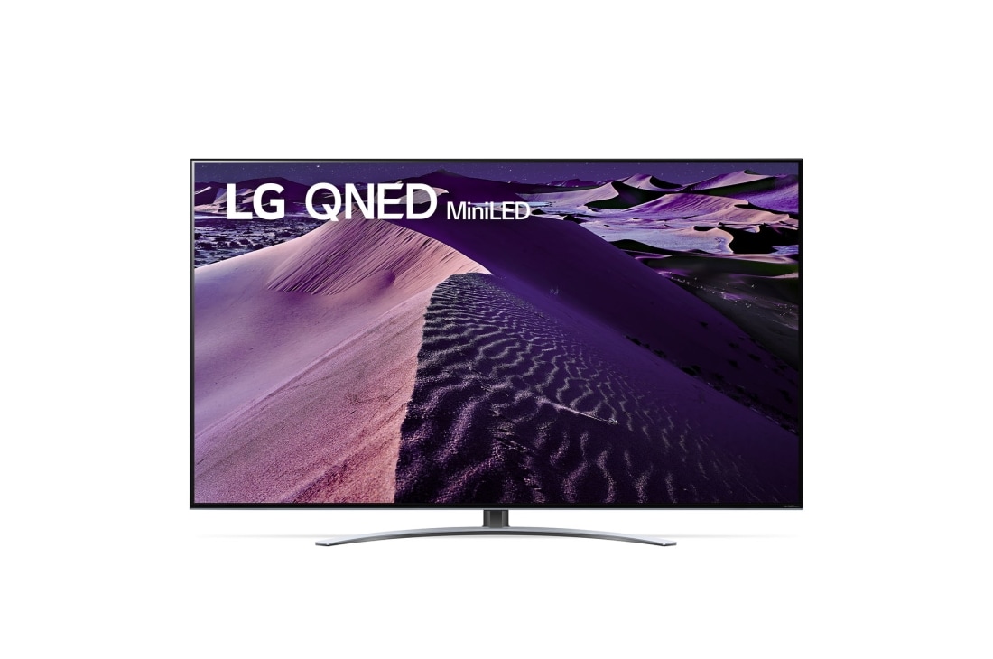 LG 55“ LG QNED TV , LG QNED televizoriaus vaizdas iš priekio su papildomu vaizdu ir gaminio logotipu, 55QNED879QB