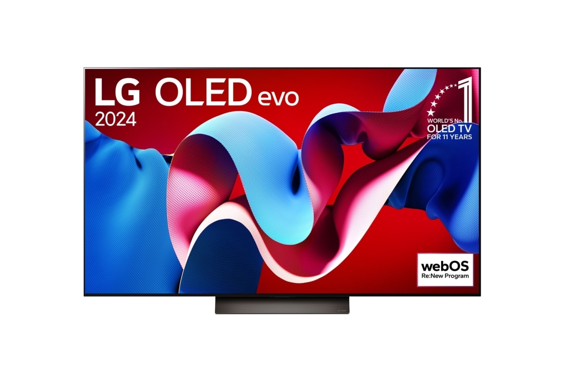 LG Smart TV OLED55C4 LG OLED evo C4 4K 55 pouces, Vue de face d’un téléviseur LG OLED evo, OLED C4, logo OLED 11 ans numéro 1 mondial et logo webOS Re:New Program sur l’écran, OLED55C48LA