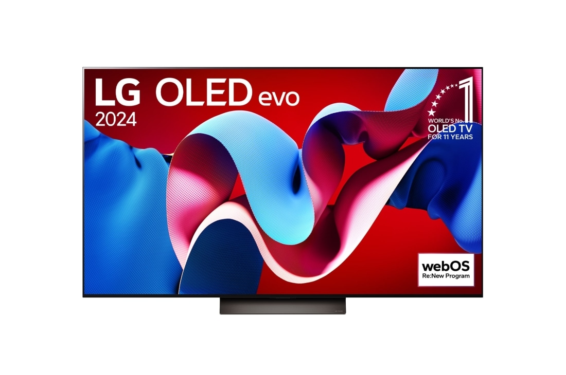 LG Smart TV OLED83C4 LG OLED evo C4 4K 65 pouces, Vue de face d’un téléviseur LG OLED evo, OLED C4, logo OLED 11 ans numéro 1 mondial et logo webOS Re:New Program sur l’écran, OLED65C47LA