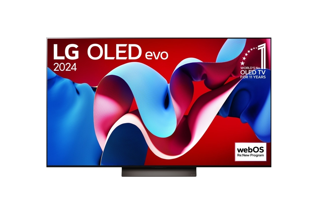 LG Smart TV OLED83C4 LG OLED evo C4 4K 77 pouces, Vue de face d’un téléviseur LG OLED evo, OLED C4, logo OLED 11 ans numéro 1 mondial et logo webOS Re:New Program sur l’écran, OLED77C47LA