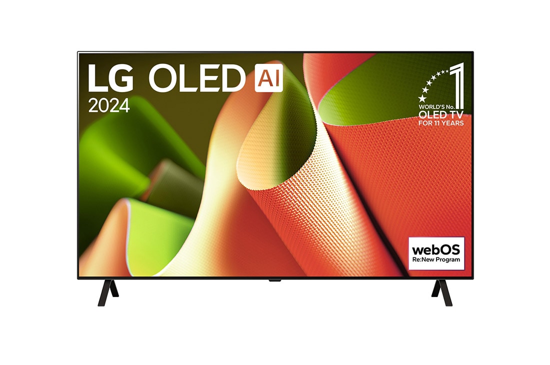 LG Smart TV LG OLED evo AI B4 4K de 65 pouces OLED65B4, Vue de face d’un téléviseur AI LG OLED, OLED B4, logo OLED 11 ans numéro 1 mondial et logo webOS Re:New Program sur l’écran avec support à 2 pôles, OLED65B42LA