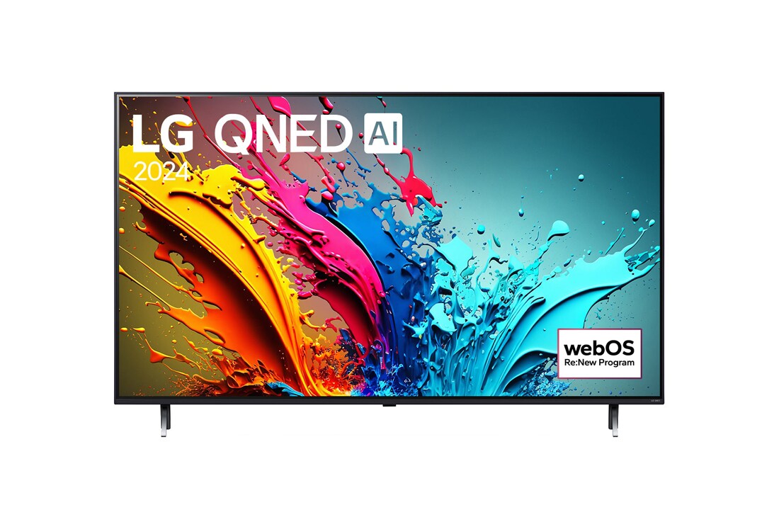 LG Smart TV LG QNED AI QNED85 4K 50 pouces 2024, Vue de face du téléviseur LG QNED, QNED85 avec le texte LG QNED, 2024, et le logo webOS Re:New Program à l’écran., 50QNED85T6A