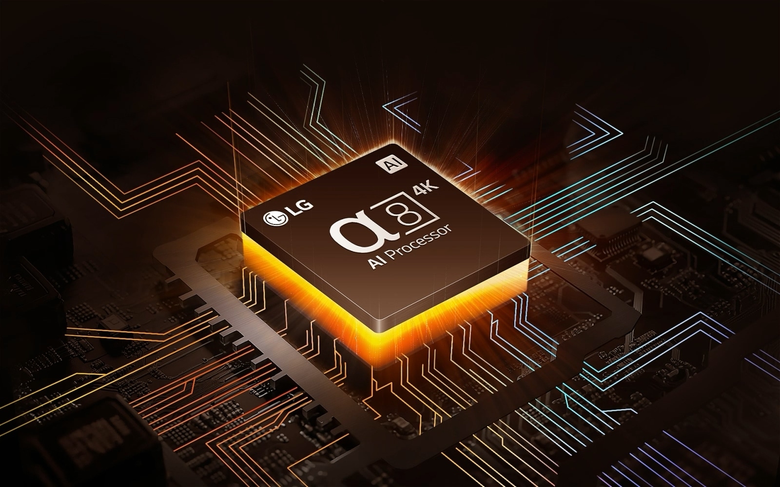 LG 的 alpha 9 AI Processor Gen7 在黑暗中几乎不可见。人工智能处理器散发出绿色和彩色光芒。主板上出现更多光芒，星状白点出现，形成银河系间的景象。