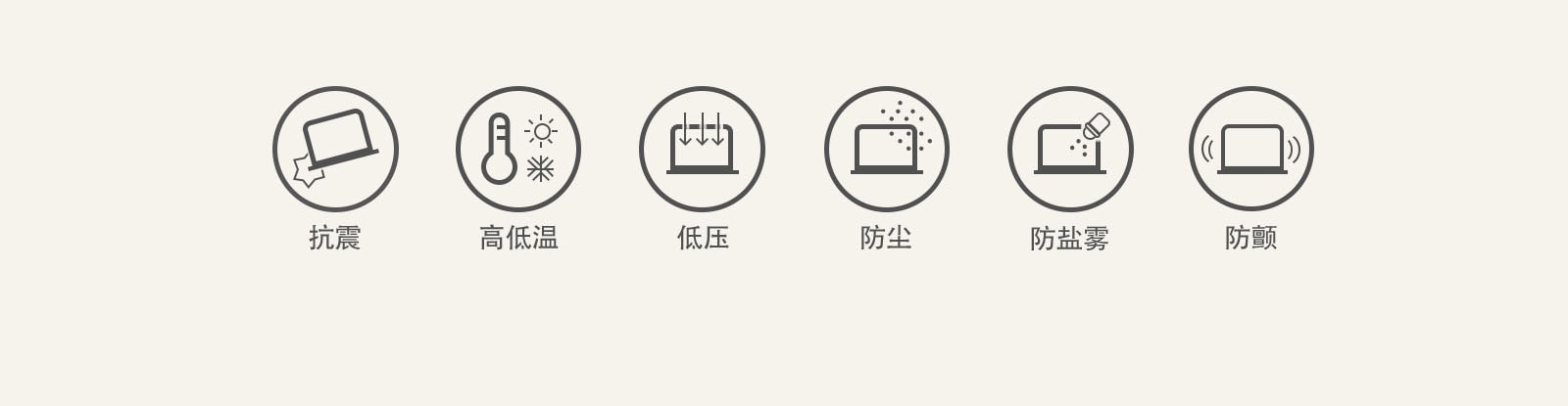 Military spec icons are shown. From left, shock, high&low temperature, low pressure, dust, salt fog, vibration.