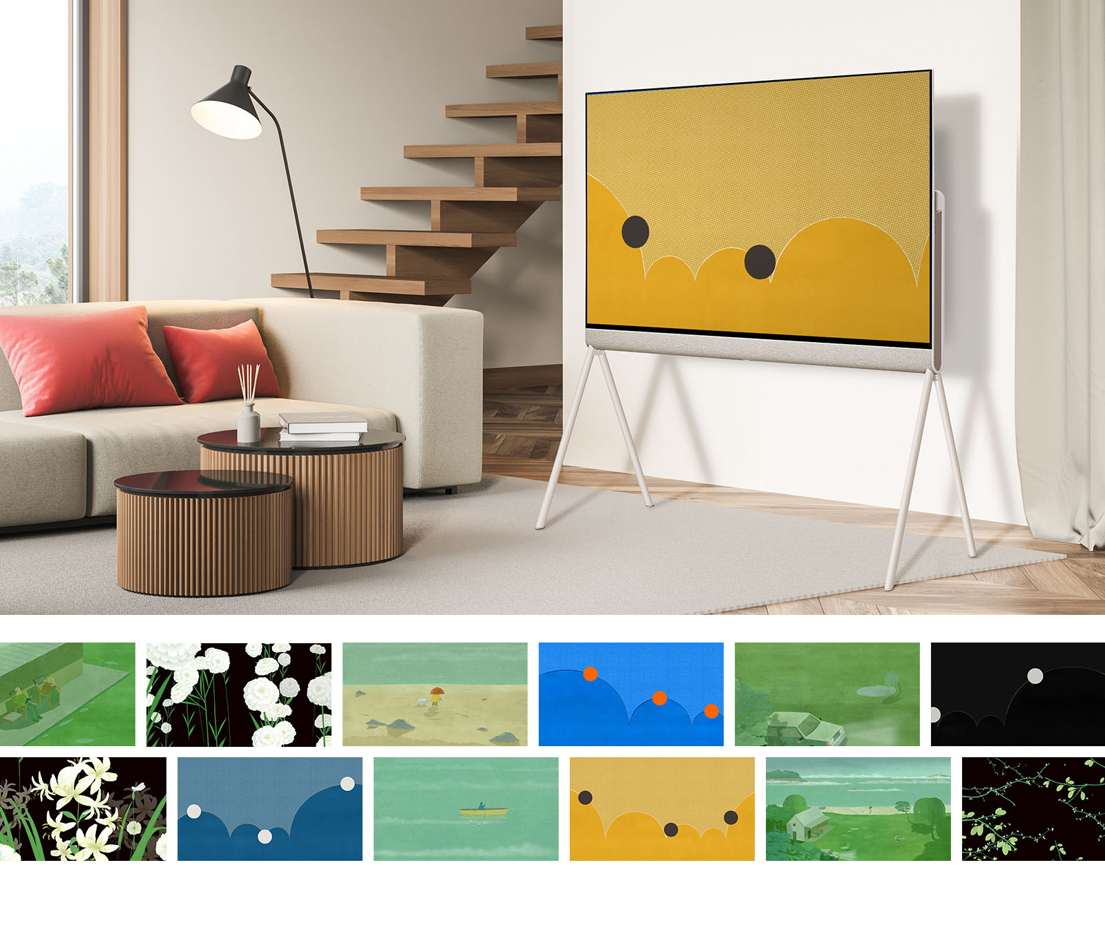 Posé seen along a living room with bold blue artwork with orange circles on-screen, the circles bouncing as the artwork changes from blue to mustard yellow. Below are different artworks to choose from, including: couple sitting outside, white carnations, child and dog on a rocky beach, bold blue abstract piece, car with its lights on under a tree, black abstract piece, white daffodils and their shadow, cool blue abstract piece, person rowing a boat at sea, mustard yellow abstract piece, house on the coast, and leaf sprouts on tree branches.