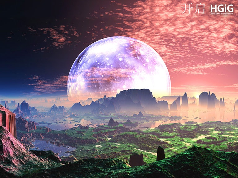 A scene of a dawn on Idyllic Earth-like Planet is divided into two part – on left is a more dull and less bright and the text says without HGiG on left top corner. On right is a brighter scene and the text says with HGiG on right top corner.
