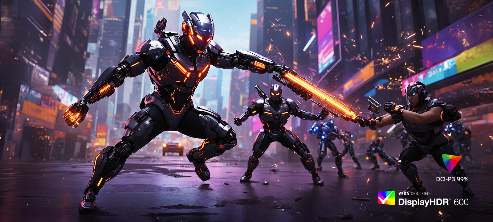 Futuristic armored warriors battling with energy weapons in a neon-lit city.	