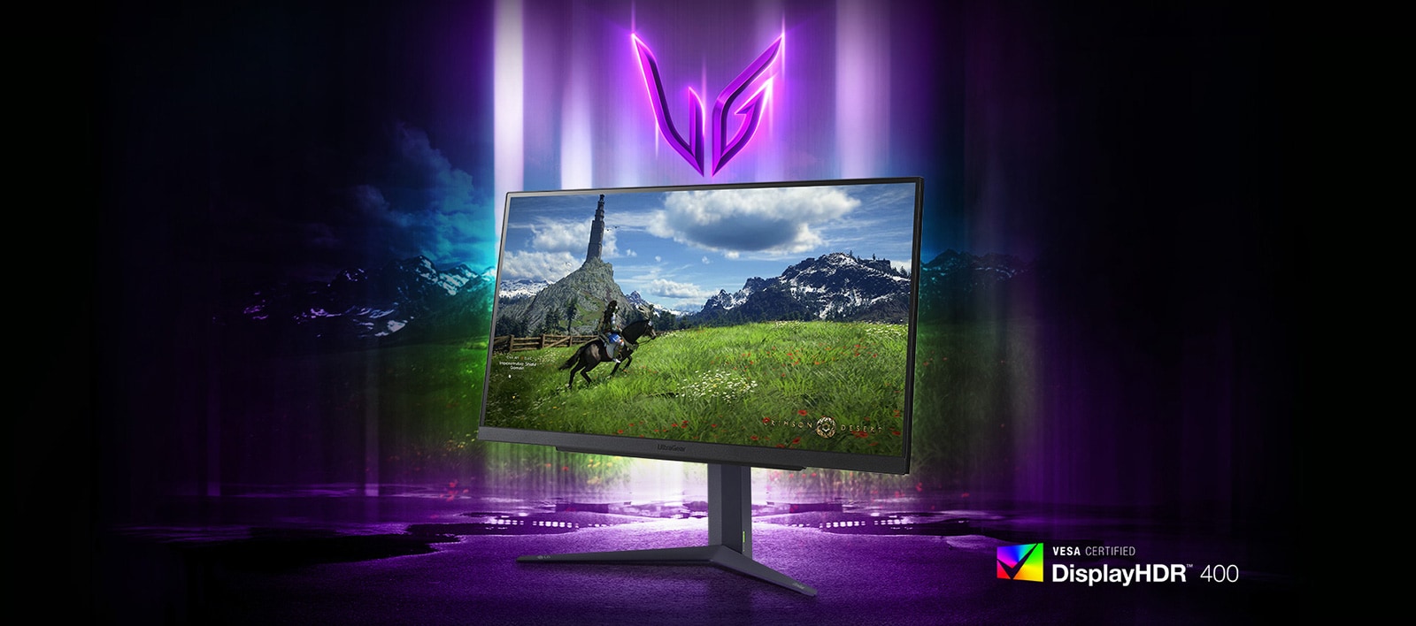 UltraGear™ gaming monitor with the image of a man riding a horse.	