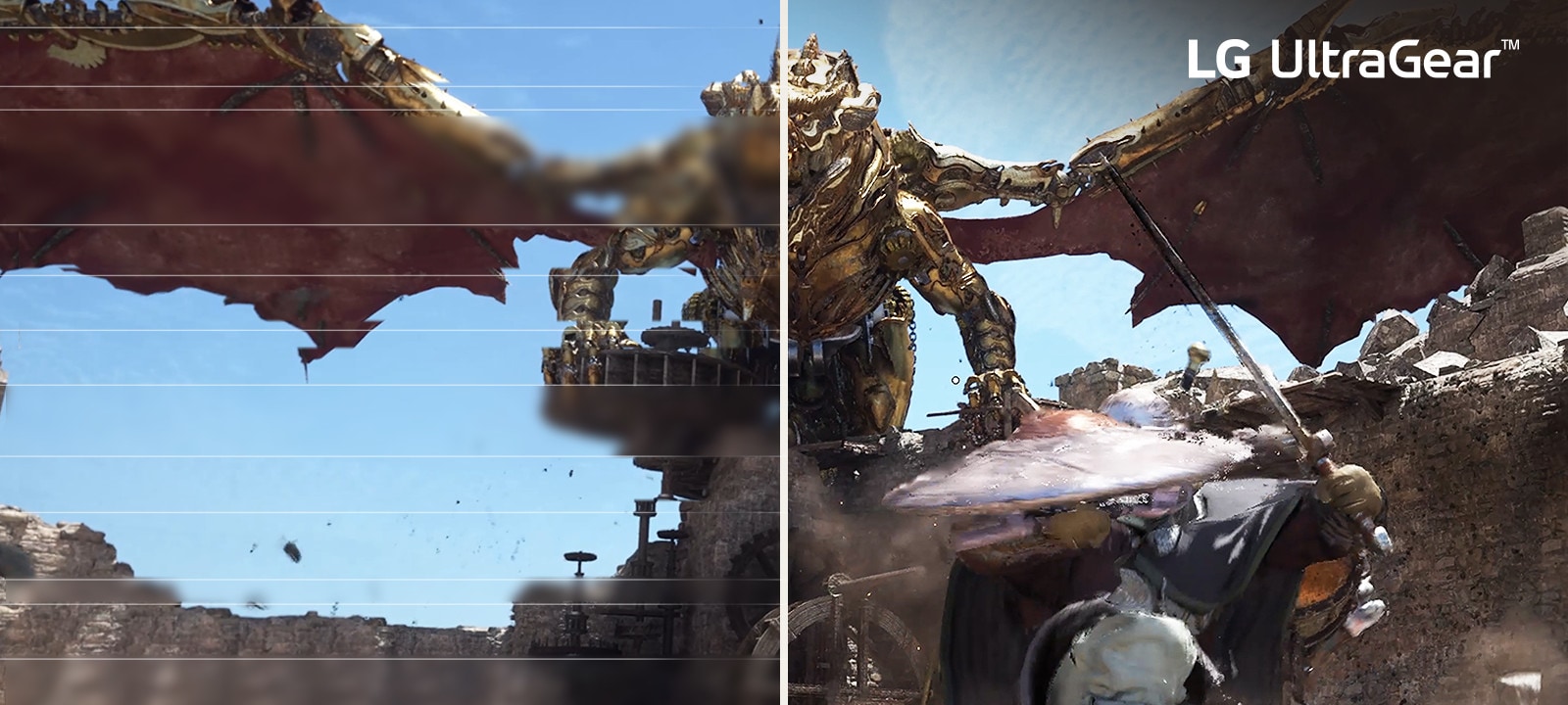 Comparison of fluid gaming image - The left image is tearing, and the Right image is tear-free.	