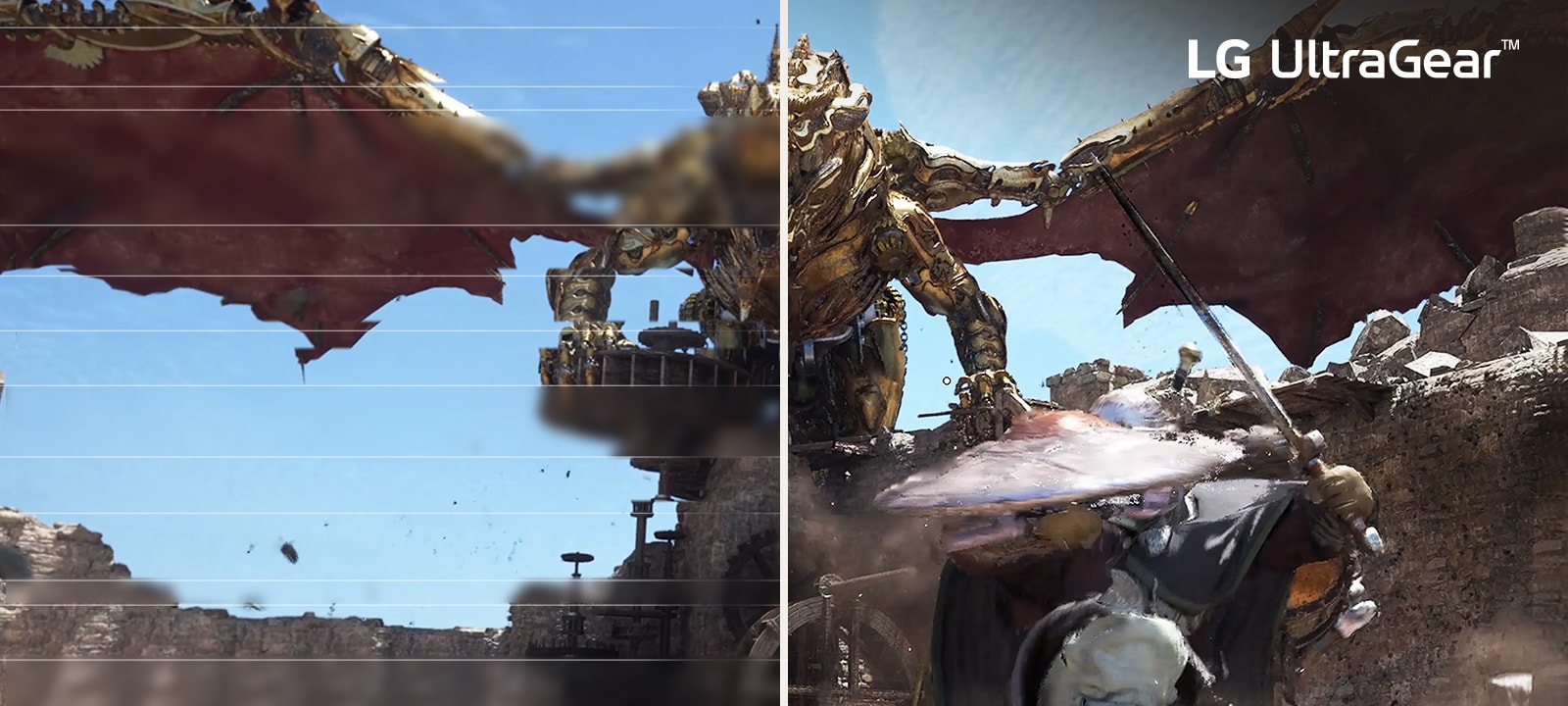 Comparison of fluid gaming image - The left image is tearing, and the Right image is tear-free.	