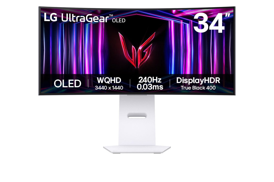 LG 33.9英寸 UltraGear™ OLED 新款 800R曲面屏电竞显示器 | 21:9 Ultra-WQHD 240Hz, 0.03ms (GtG), DisplayHDR True Black 400, 正面画像, 34GS95QE-W
