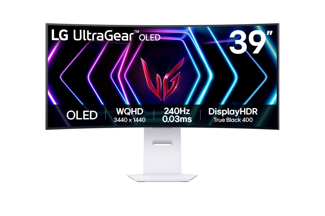 LG 39'' UltraGear™ OLED 新款 800R 曲面屏电竞显示器 | 21:9 Ultra-WQHD 240Hz, 0.03ms (GtG), DisplayHDR True Black 400, 正面图, 39GS95QE-W