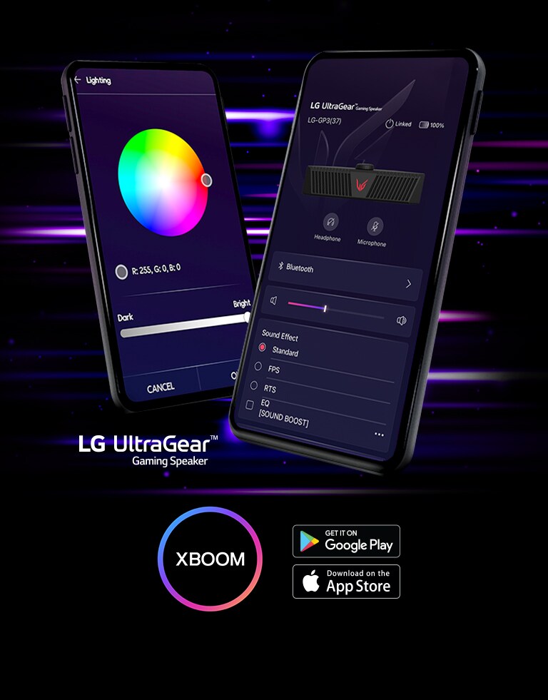 UltraGear APP 界面在两个手机屏幕上以 V 的形式开启。