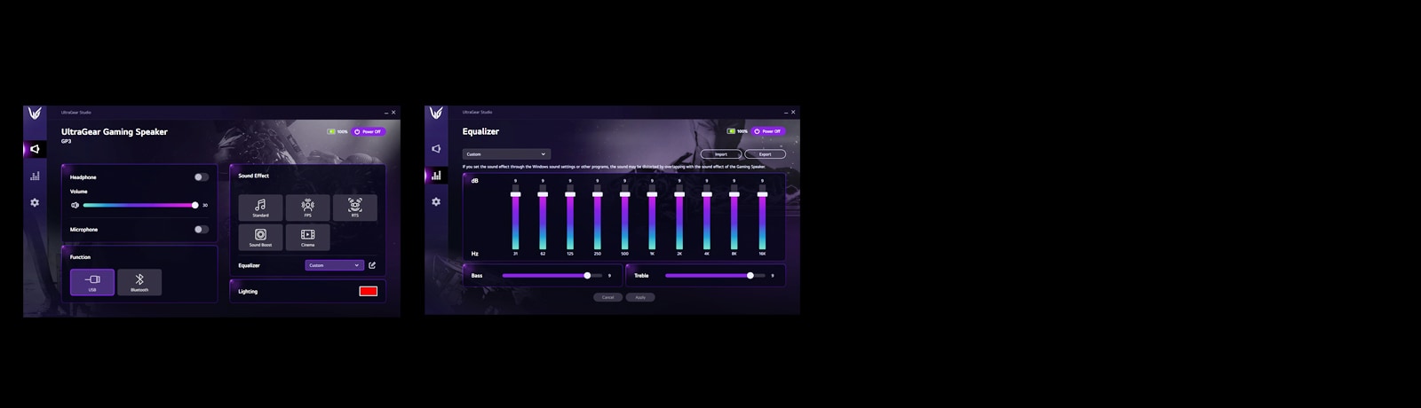 两张 LG UltraGear 游戏音箱 App 的屏幕截图。第一张图像显示您可以更改音量和音效，第二个图像显示您可以自定义均衡器。