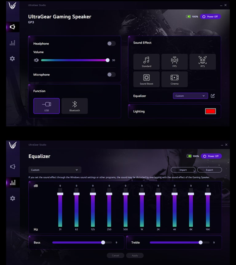 两张 LG UltraGear 游戏音箱 App 的屏幕截图。第一张图像显示您可以更改音量和音效，第二个图像显示您可以自定义均衡器。