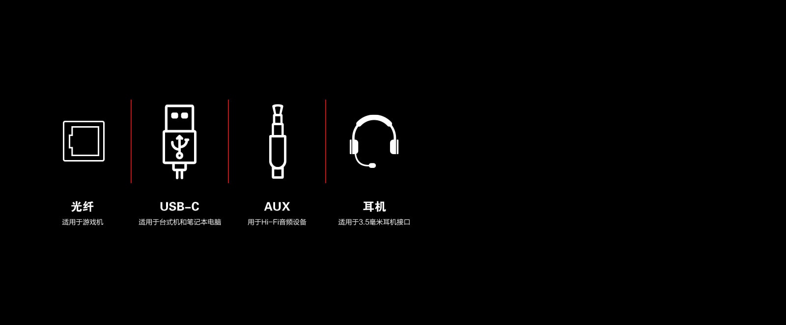 光纤、USB-C、AUX 连接线和耳机的象形图集合。每个象形图图标下方都有文字说明：光纤适用于游戏控制器、USB-C 适用于台式机和笔记本电脑、AUX 适用于台式机和笔记本电脑以及耳机适用于 3.5 毫米耳机端口。