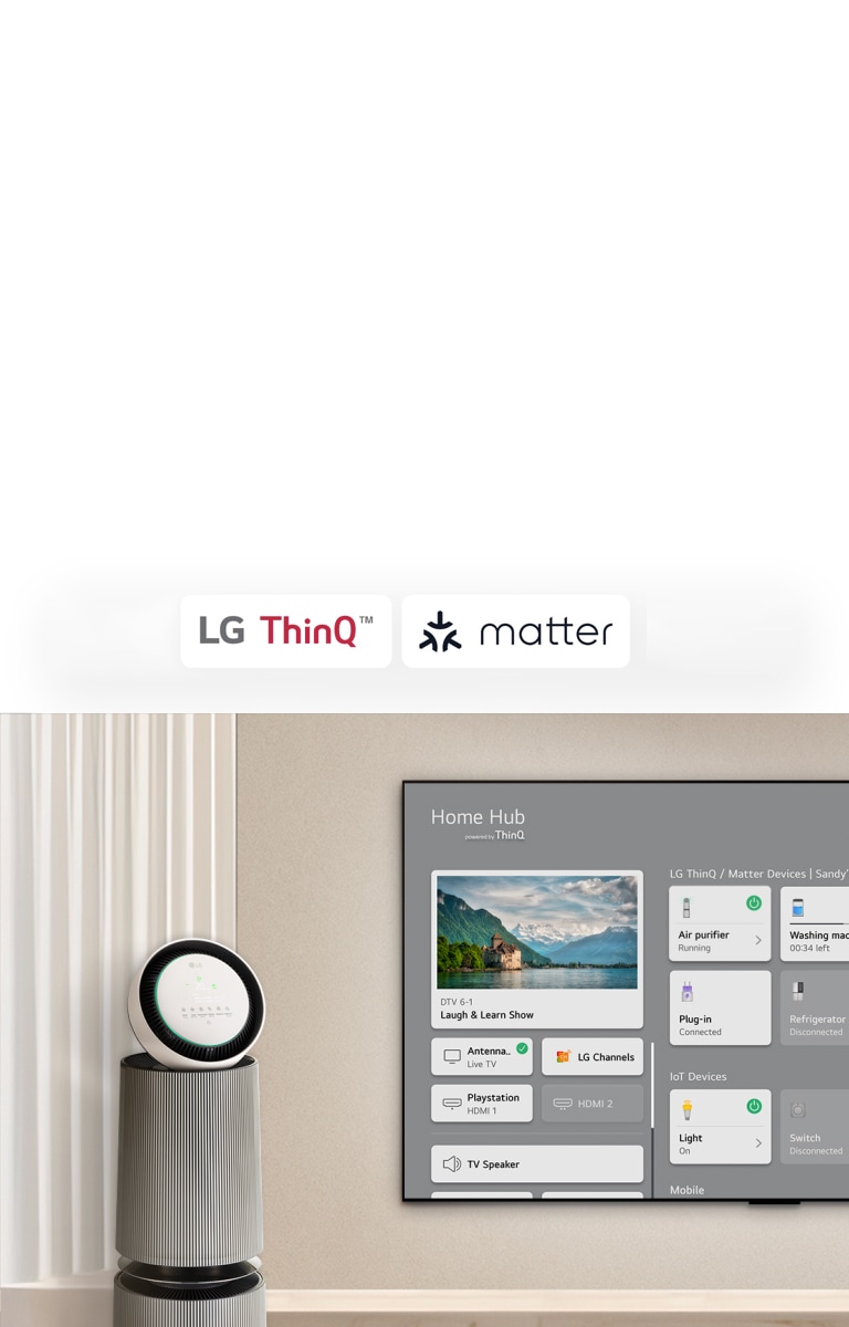 LG ThinQ™、matter 和 Apple Home 的徽标。  壁挂式 LG TV，左侧是 LG PuriCare™ Objet Collection 360。电视屏幕上显示 Home Hub。一个鼠标单击“Air purifier（空气净化器）”，LG PuriCare™ Objet Collection 360°已激活。