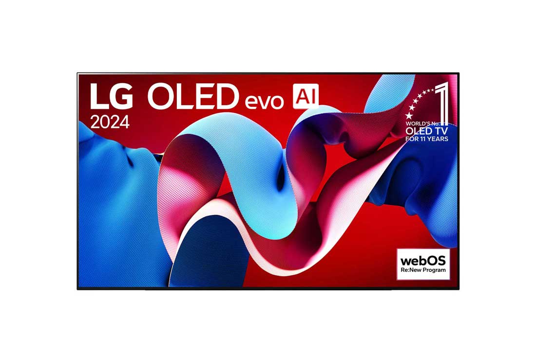 LG 83 英寸 LG OLED evo AI C4X 4K 智能电视<br>OLED83C4X, 屏幕上标有LG OLED evo和LG OLED电视连续11年全球销量领先的正面视图，下方摆放有一个条形音箱。, OLED83C4XCA