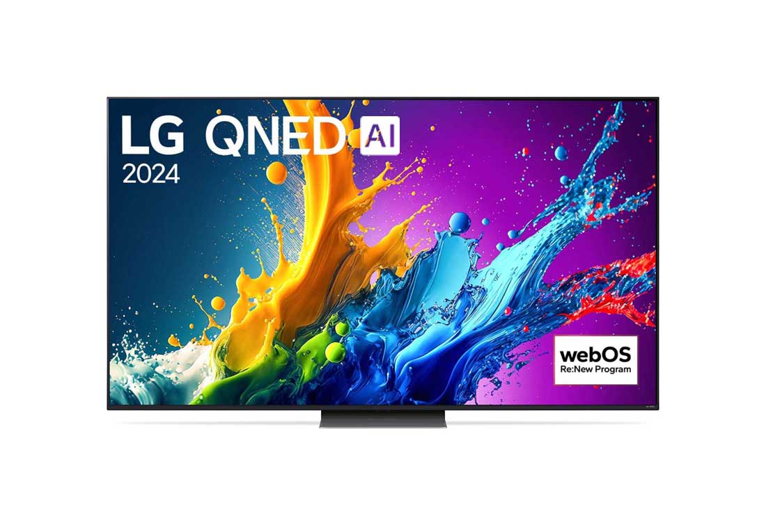 LG 86 英寸 LG QNED AI <br>QNED81 4K 智能电视 2024, LG QNED TV, QNED81 的正面视图，屏幕上显示“LG QNED, 2024”字样和 webOS Re:New Program 徽标, 86QNED81TCA