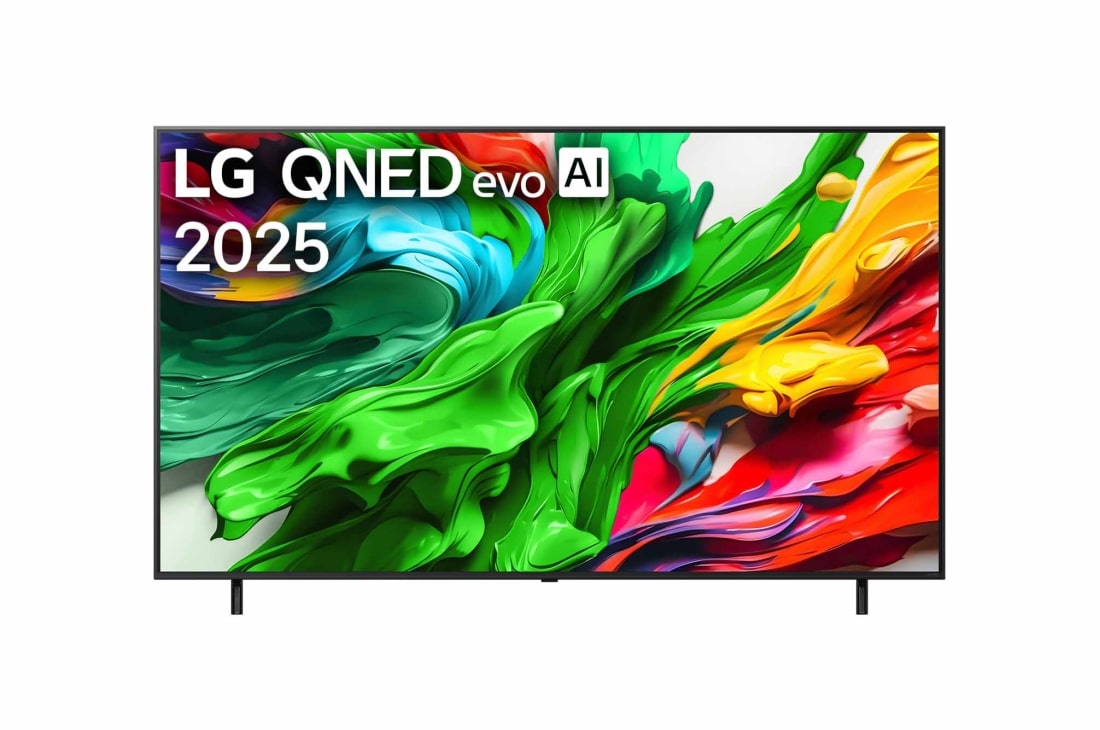 LG 86英寸 LG QNED evo AI QNED85 4K 智能电视, LG QNED evo 电视的正视图，LG QNED evo Al 徽标位于顶角。LG QNED evo 电视呈现出如彩色颜料混合而成的纹理。, 86QNED85ACA