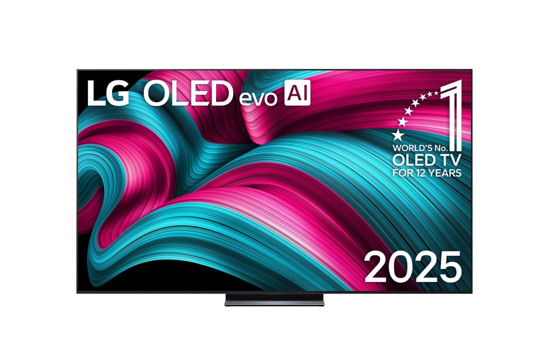 LG 83英寸 LG OLED evo AI C5 4K智能电视, LG OLED evo AI C5 4K 智能电视的正视图。屏幕上有 12 年全球最佳 OLED 标志和 LG OLED evo AI 2025 标志。, OLED83C5PCA