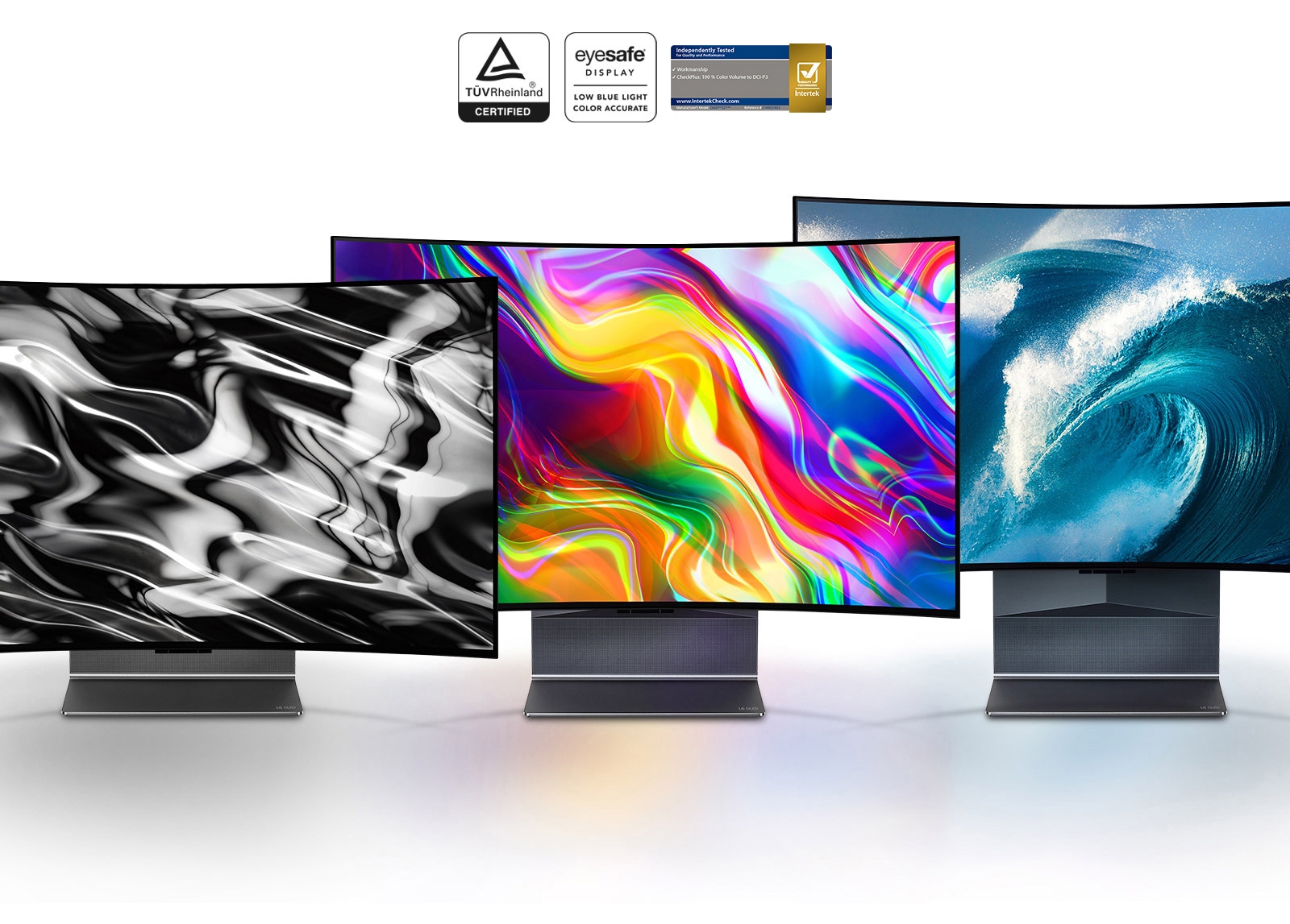 三台并排展示的LG OLED Flex电视，屏幕上显示黑色抽象画面、彩色抽象画面和蓝色波浪画面。