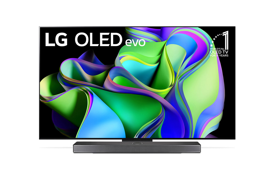 LG 2023款LG OLED evo <br>C3 77英寸4K智能电视, 屏幕上标有LG OLED evo和LG OLED电视连续11年全球销量领先的正面视图，下方摆放有一个条形音箱。, OLED77C3PCA