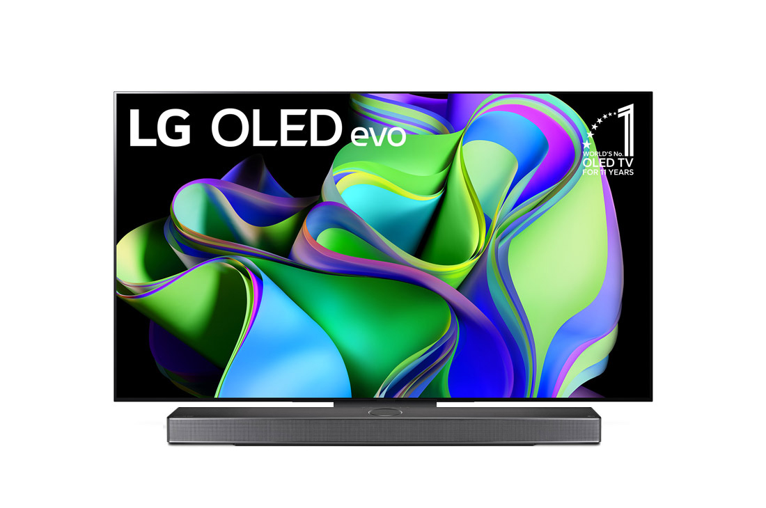 LG 2023款LG OLED evo <br>C3 55英寸4K智能电视, 屏幕上标有LG OLED evo和LG OLED电视连续11年全球销量领先的正面视图，下方摆放有一个条形音箱。, OLED55C3PCA