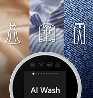 显示了丝绸、衬衫和牛仔裤面料并描述了 AI洗涤功能。