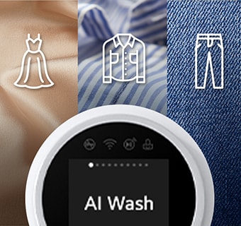 显示了丝绸、衬衫和牛仔裤面料并描述了 AI洗涤功能。
