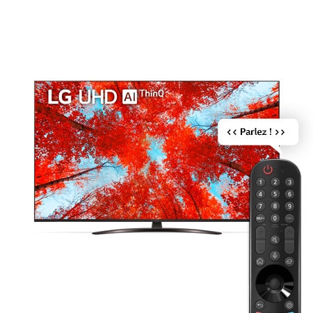 Vue avant du téléviseur UHD de LG avec image de remplissage et logo du produit