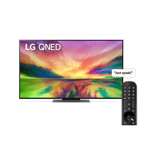 Vue avant du téléviseur QNED de LG avec image de remplissage et logo du produit