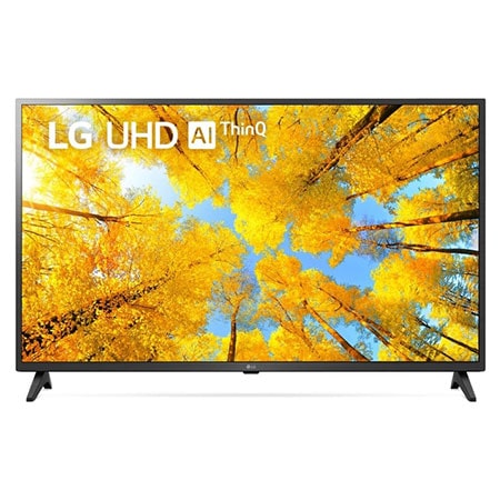 Vue avant du téléviseur UHD de LG avec image de remplissage et logo du produit