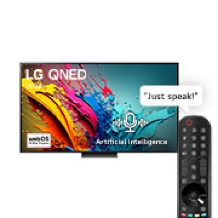 Vue de face du téléviseur LG QNED, QNED85 avec le texte LG QNED, 2024, et le logo webOS Re:New Program à l'écran