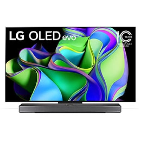 Vue avant du LG OLED evo avec l’emblème « 10 Years World No.1 OLED » à l’écran, et de la barre de son située en dessous. 