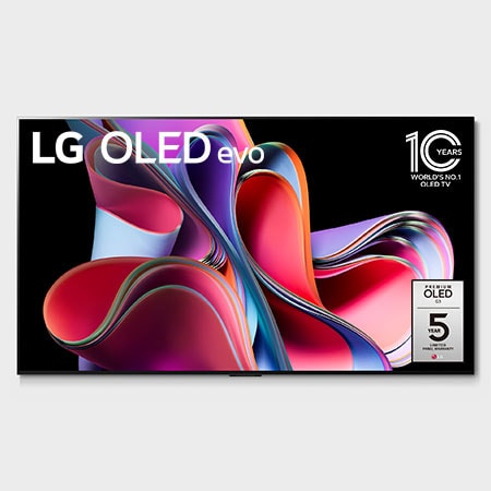 Vue de face avec le logo « LG OLED, le téléviseur numéro 1 mondial depuis 10 ans » et le logo « Garantie du panneau : 5 ans » sur l’écran