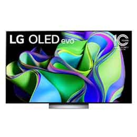 Vue avant du LG OLED evo avec l’emblème « 10 Years World No.1 OLED » à l’écran, et de la barre de son située en dessous. 