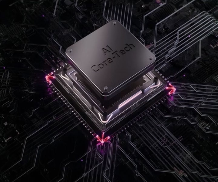 O chip LG AI brilha na placa de circuito, simbolizando o cuidado inteligente com tecidos por AI DD em lavadoras de carregamento frontal e no WashTower.