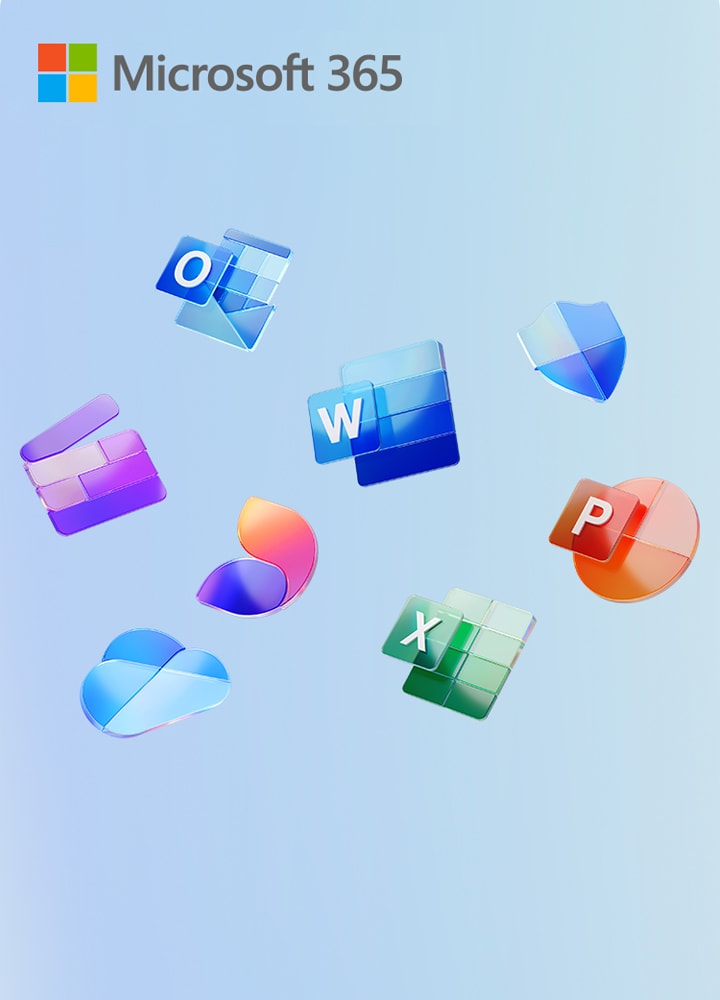 This image shows colorful 3D icons of Microsoft 365 applications including Word, Excel, PowerPoint, Outlook, and OneDrive on a light blue gradient background.