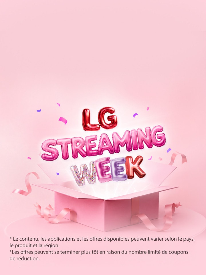 Le lettrage coloré « LG Streaming Week » de style ballon s'élève d'une boîte cadeau rose ouverte, entouré de rubans et de confettis sur un fond rose pâle.