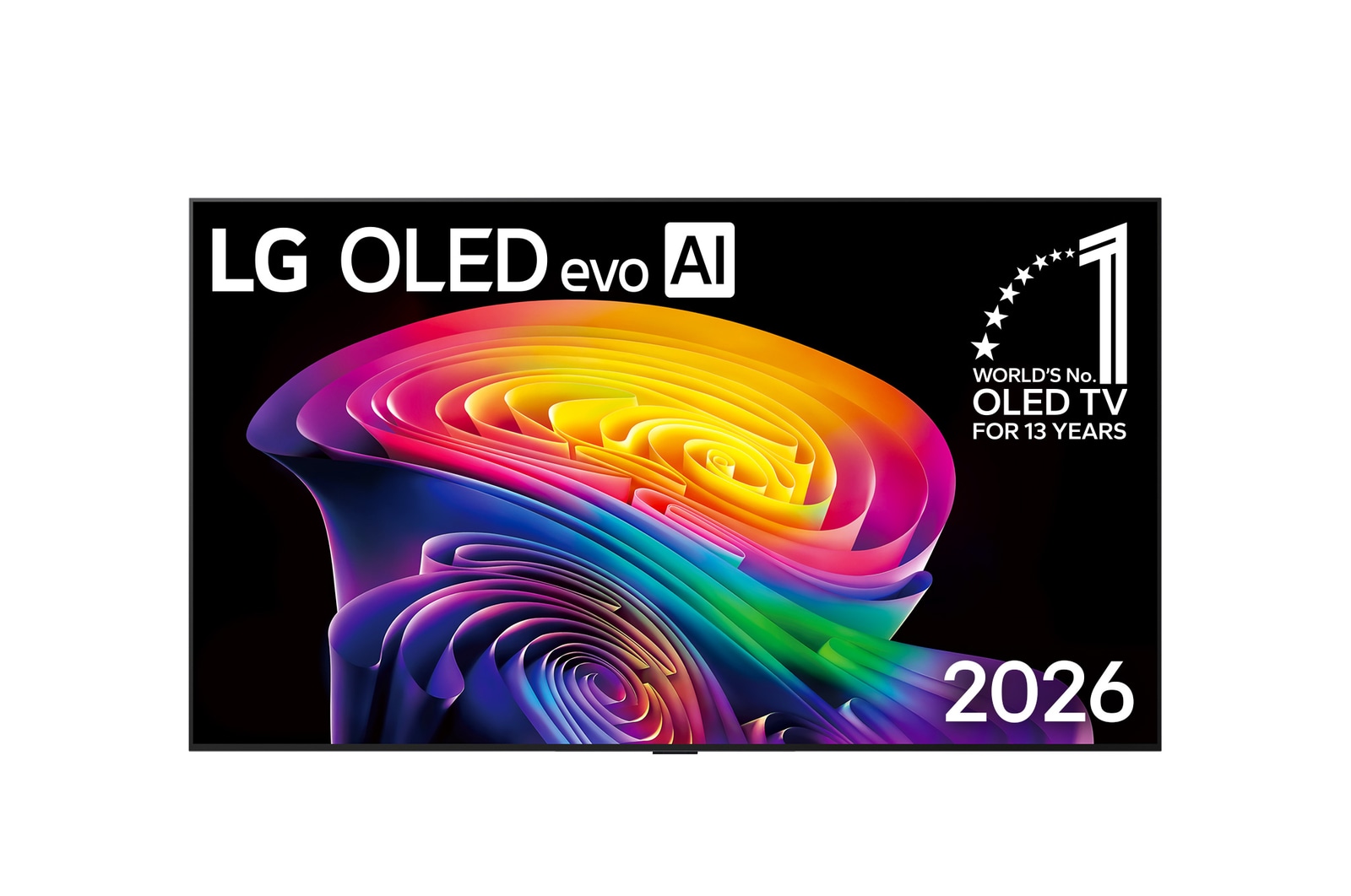 Přední strana modelu LG OLED evo AI C6, který byl uveden na trh v roce 2026, se vyznačuje tenkým černým rámečkem a živými, plastickými víry vrstvených duhových tónů, které se vlní po celé obrazovce.
