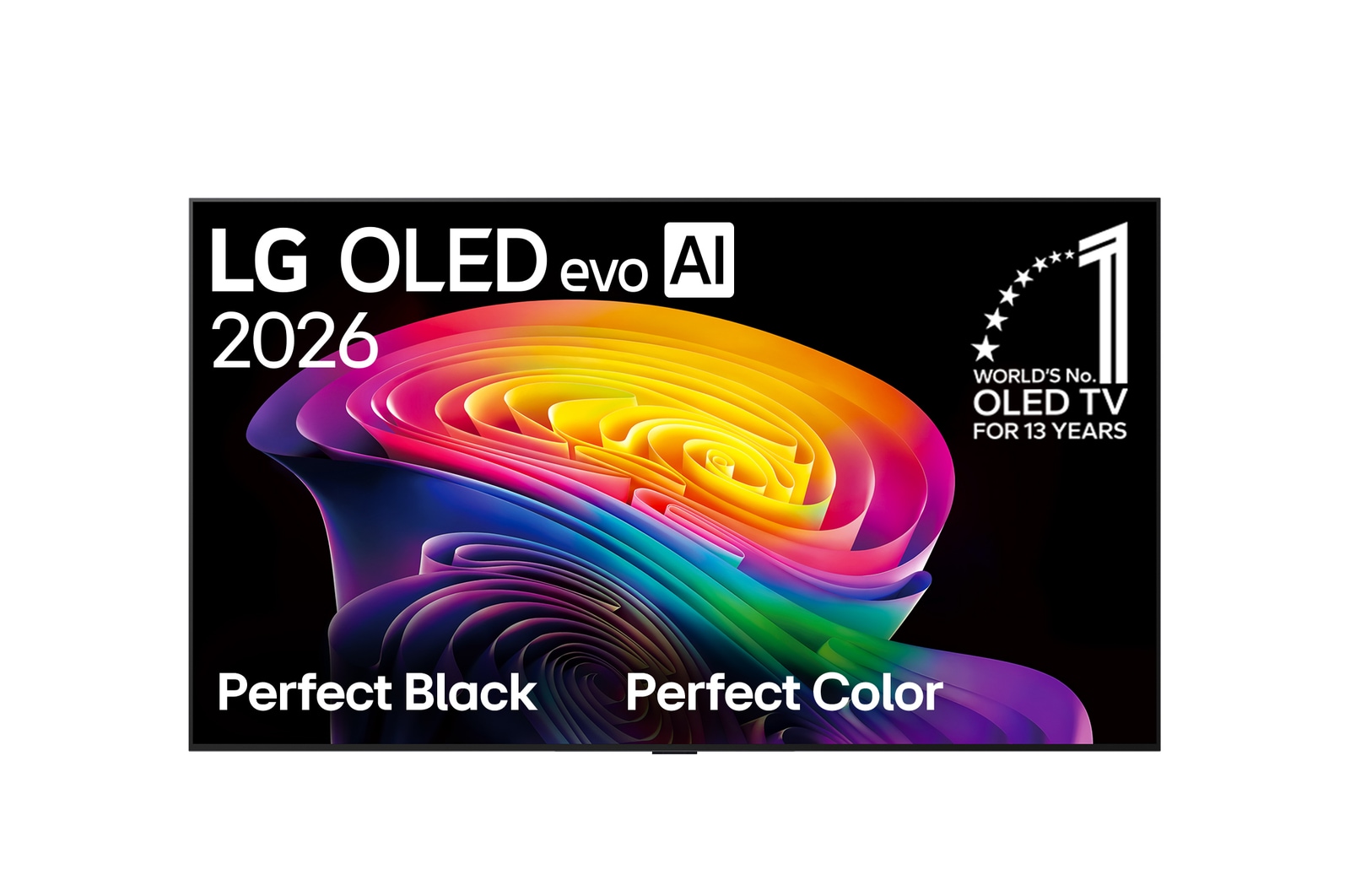 Přední pohled na model LG OLED evo AI C6, který byl uveden na trh v roce 2026, zobrazuje obraz vrstvených, vícebarevných tvarů s technologií Hyper Radiant Color Tech, Perfect Black & Perfect Color a označením „Světová jednička mezi OLED TV již 13 let“.