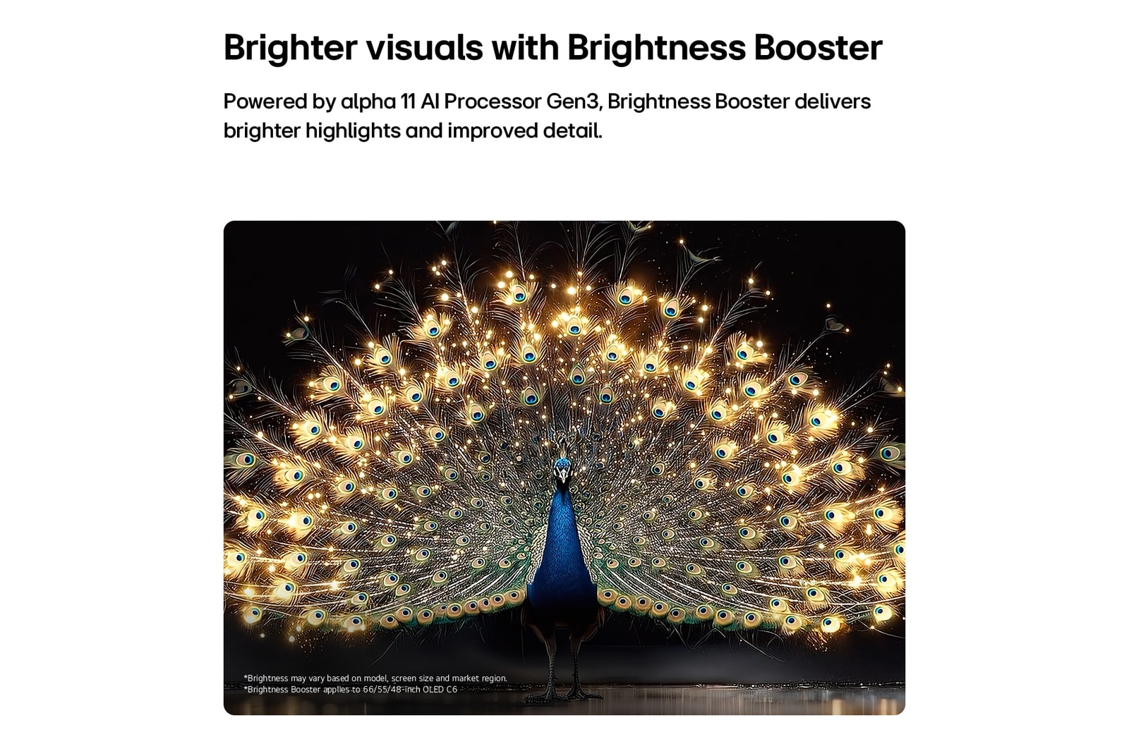 LG OLED evo AI C6 s technologií Brightness Booster Pro zobrazuje tmavou scénu, ve které zářící částice obklopují siluetu jelena, a nabízí až 3,2krát vyšší maximální jas s vyšší svítivostí a jasnějšími detaily.