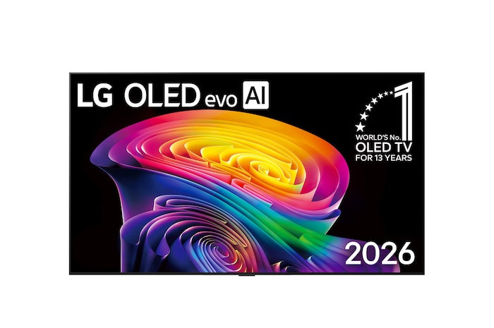 Přední strana modelu LG OLED evo AI C6, který byl uveden na trh v roce 2026, se vyznačuje tenkým černým rámečkem a živými, plastickými víry vrstvených duhových tónů, které se vlní po celé obrazovce.