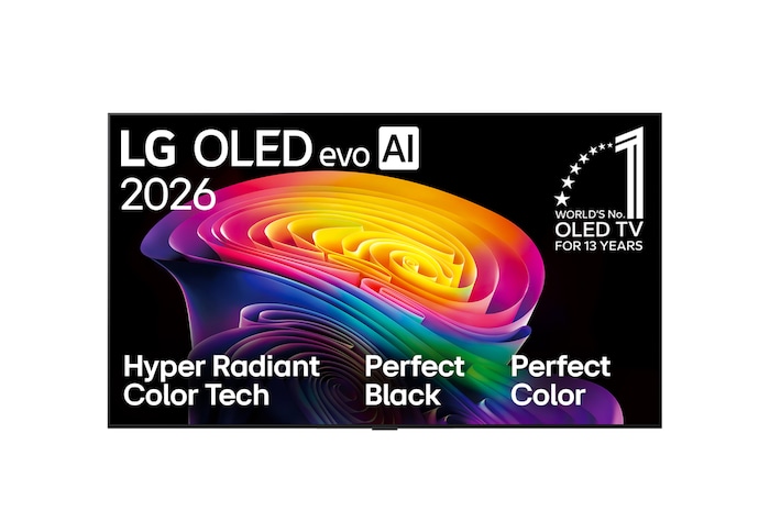 Přední pohled na model LG OLED evo AI C6, který byl uveden na trh v roce 2026, zobrazuje obraz vrstvených, vícebarevných tvarů s technologií Hyper Radiant Color Tech, Perfect Black & Perfect Color a označením „Světová jednička mezi OLED TV již 13 let“.