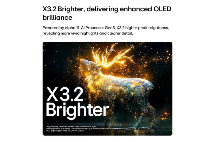 LG OLED evo AI C6 s technologií Brightness Booster Pro zobrazuje tmavou scénu, ve které zářící částice obklopují siluetu jelena, a nabízí až 3,2krát vyšší maximální jas s vyšší svítivostí a jasnějšími detaily.