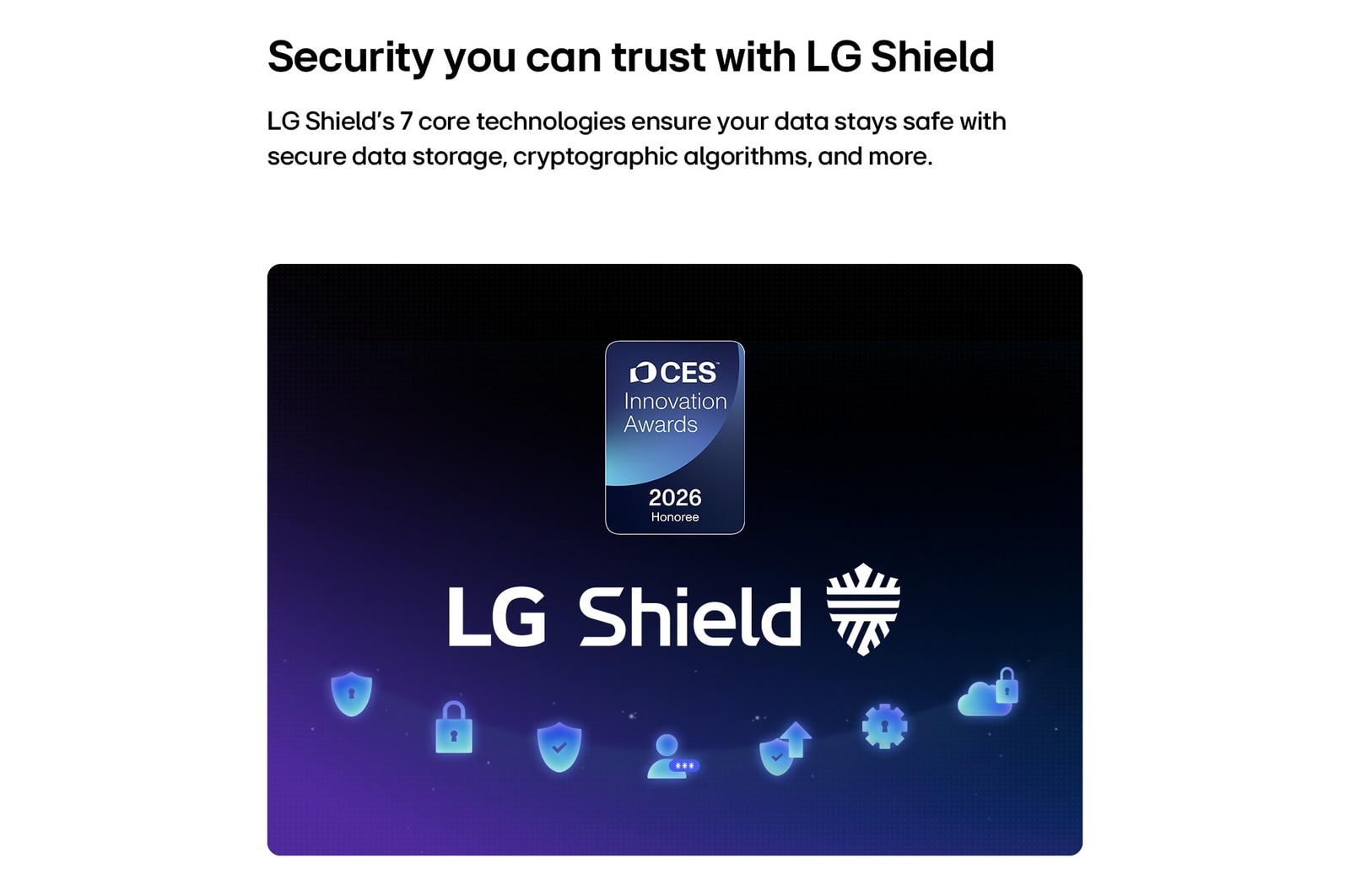 Systém LG Shield, použitý v modelu LG OLED evo AI C6, je vyobrazen logem LG Shield uprostřed, ikonami zabezpečení dole a odznakem 2026 CES Innovation Awards Honoree nahoře, které symbolizují ochranu dat a systému.
